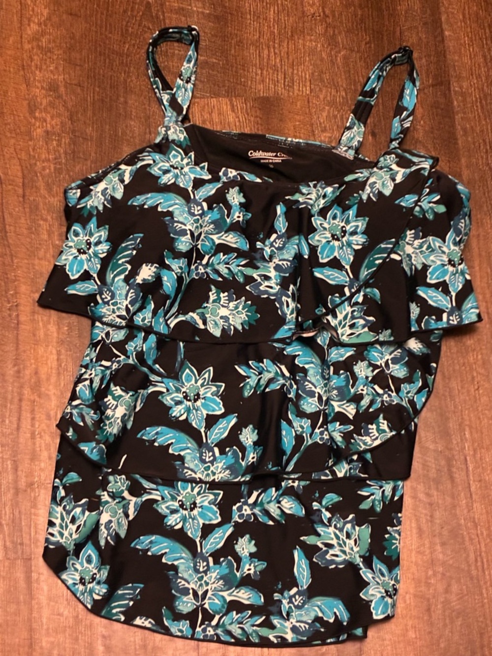 Coldwater Creek Tankini Swim Top Size 16 Black Teal Floral Ruffle Tiered